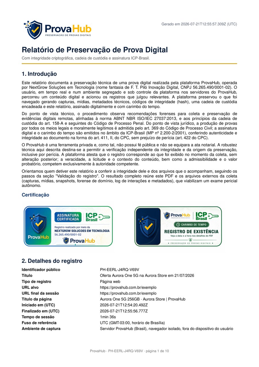 Exemplo de relatório probatório assinado do ProvaHub